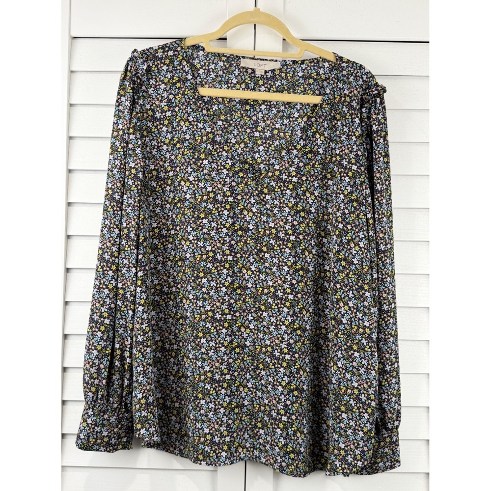 LOFT Blouse XXL Black Floral V-Neck Ruffle Shoulder Long Sleeve